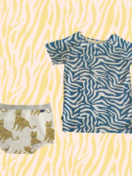T-shirt Chiche motif pelage de tigre bleu et gris et boxer fille léopard